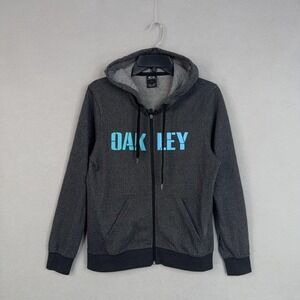Oakley Hoodie Womens Medium Gray Full Zip Sweatshirt Blue Logo Pockets Athletic